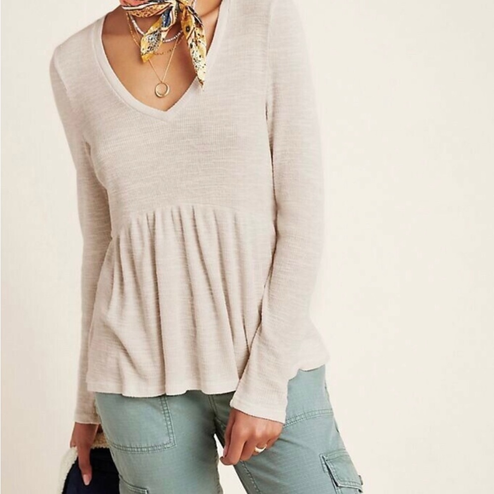NWT ANTHROPOLOGIE T.La WOMEN'S BEIGE V-NECK JILL BABYDOLL PEPLUM TOP